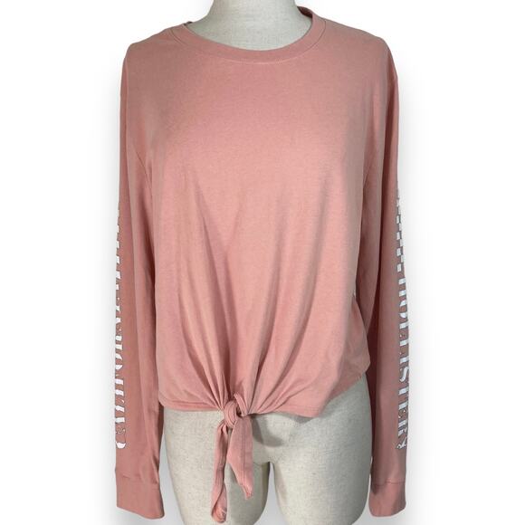 Hollister graphic long sleeve t-shirt, women's oversize small pink tie front top - Picture 2 of 7